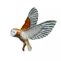 Thumbnail for Whimsical silver and marbled stone owl brooch with detailed etching and playful cartoon-like eyes in flight - unique animal jewelry accessory